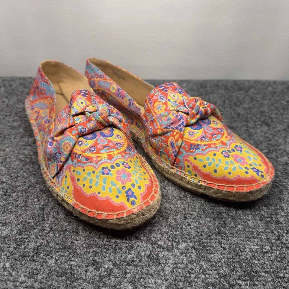 Talbots Espadrille Flats Womens 9M Orange Paisley Floral Bow Slip On Boho Summer
